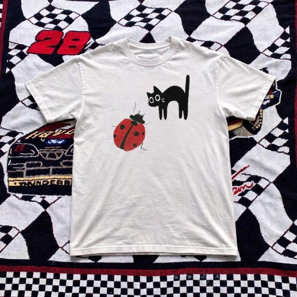 White Style Ladybug & Cat Graphic Tee